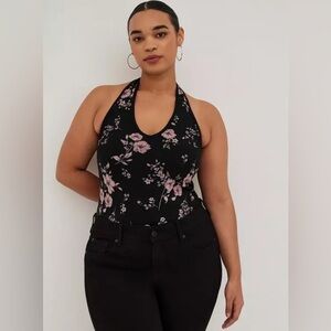 Torrid Foxy V-Neck Black Floral Halter Top Size 1x